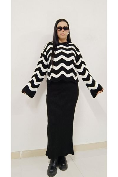 AKŞEN GİYİM Women's Zigzag Print Sweater and Sleeveless Dress - 38-44 Sizes Knitwear Set
