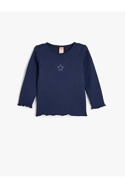 Koton Baby Girl Star Embroidered T-Shirt Ribbed Long Sleeve Crew Neck Cotton 5Wmg10124Ak Navy Blue