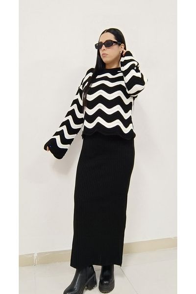 AKŞEN GİYİM Women's Zigzag Print Sweater and Sleeveless Dress - 38-44 Sizes Knitwear Set