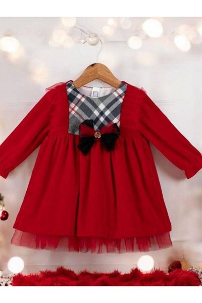 Zekids Baby Girl Plaid Patterned Red Velvet Designer Dress