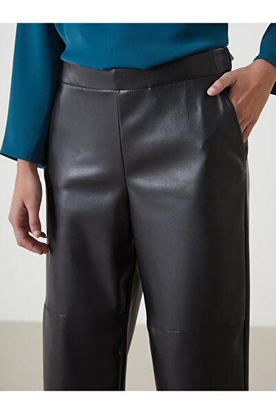 LC Waikiki Siyah Beli Lastikli Deri Görünümlü Kadın Pantolon