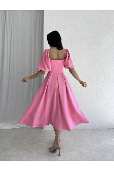 MODA DURAĞI Balon Kol Kare Yaka Pileli Midi Boy Elbise