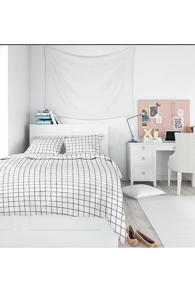 MORRİVAL Single White Checked Duvet Cover Set, Cotton Fabric 155X215 Duvet Cover 2 Pcs Pillowcases