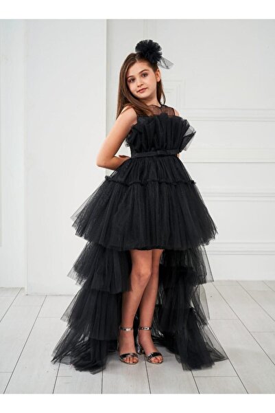 Porça Kız Çocuk Ön Kısa Arkası Uzun Tüllü Katlı Beli Fiyonklu Abiye