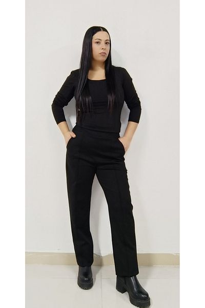 AKŞEN GİYİM Large Size Women's Winter Steel Knitted Woven Fabric Stricked High Waist Straight Leg Classic Pants