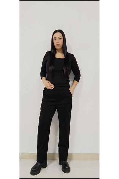 AKŞEN GİYİM Large Size Women's Winter Steel Knitted Woven Fabric Stricked High Waist Straight Leg Classic Pants