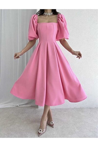 MODA DURAĞI Balon Kol Kare Yaka Pileli Midi Boy Elbise