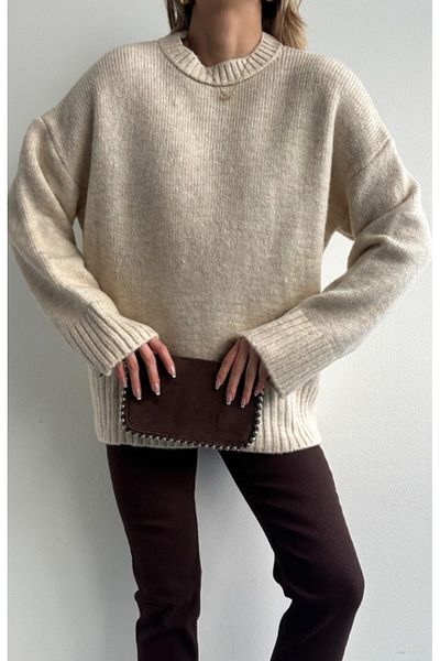 fujya Women's Crew Neck Oversize Stone Knitwear Sweater