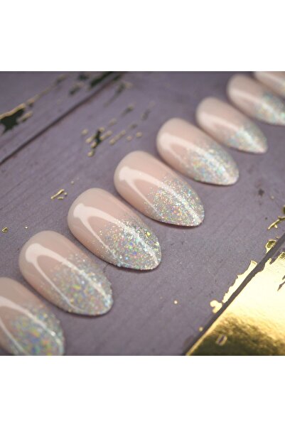 EDA LUXURY BEAUTY 24'lü Pembe Simli Ombre French Takma Tırnak Lüks Parlak Desenli Orta Boy Badem Stiletto Nail Art Set