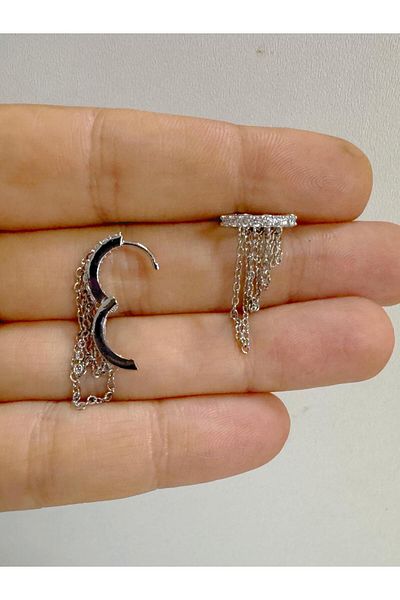 Arescollection Zircon Stone Right Ear Compatible 1 Piece 4 Row Chain Helix Lobe Hook Piercing Earring