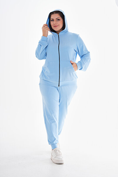 KIRIŞIK Kadın Açık Mavi Büyük Beden Önden Fermuarlı Kapüşonlu Cepli Scuba Esnek Kumaş Eşofman Takımı
