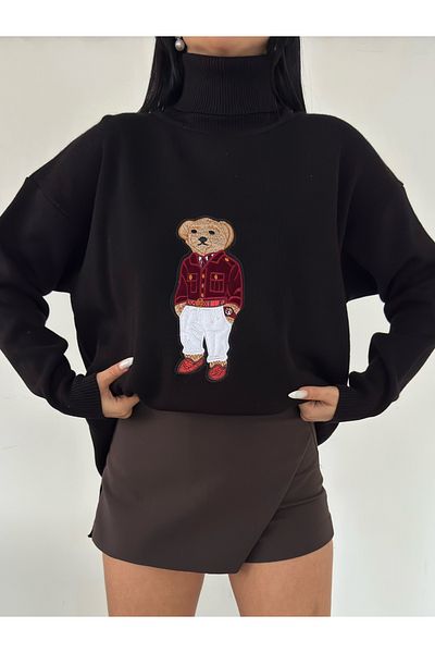 Lusin Pulover de damă negru oversize Teddy Bear oversize cu gât tricotat