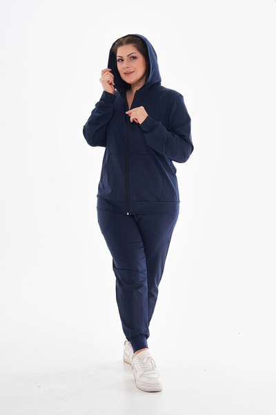 KIRIŞIK Kadın Lacivert Büyük Beden Önden Fermuarlı Kapüşonlu Cepli Scuba Esnek Kumaş Eşofman Takımı