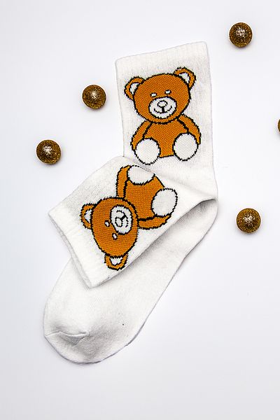 Tozlu Yaka Women's Teddy Bear Patterned College Sports Socks - 1 Pair White Color