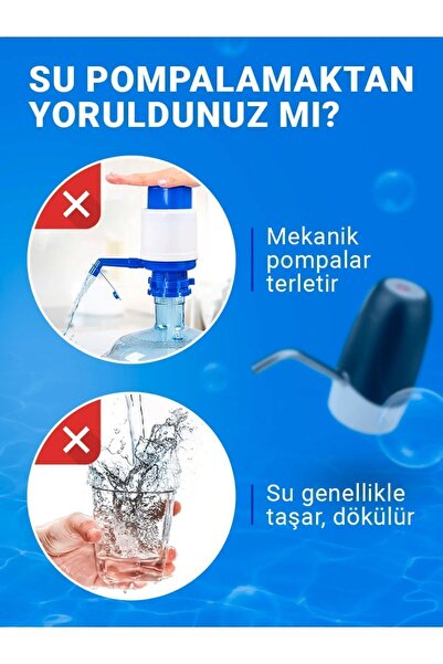 TUDOR Damacana Su Pompası Ve Şarj Kablosu Şarjlı Otomatik Şarjlı Su Sebili Usb