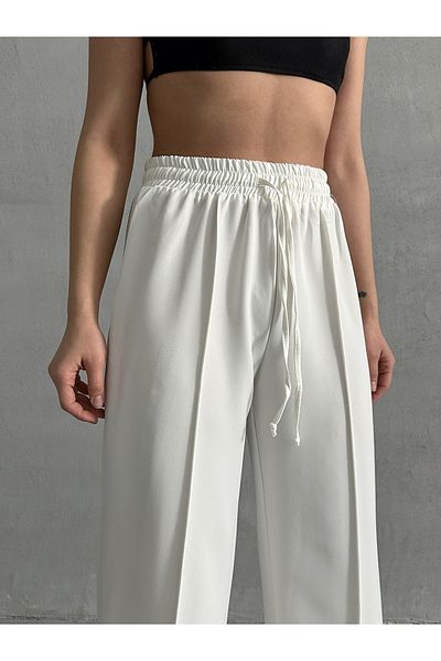 Lusin Women's Stylish Ribbed Line Detailed Premium Quality White Palazzo Pants