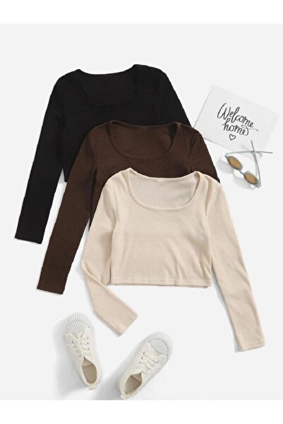 Lorya Giyim Kadın 3'lü paket %100 Pamuklu Vücuda Yapışan Fitilli Kare Yaka Kaşkorse  Uzun Kollu Crop Bluz