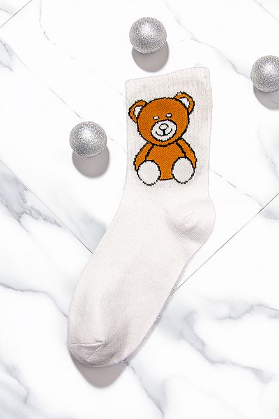 Tozlu Yaka Women's Teddy Bear Patterned College Sports Socks - 1 Pair White Color