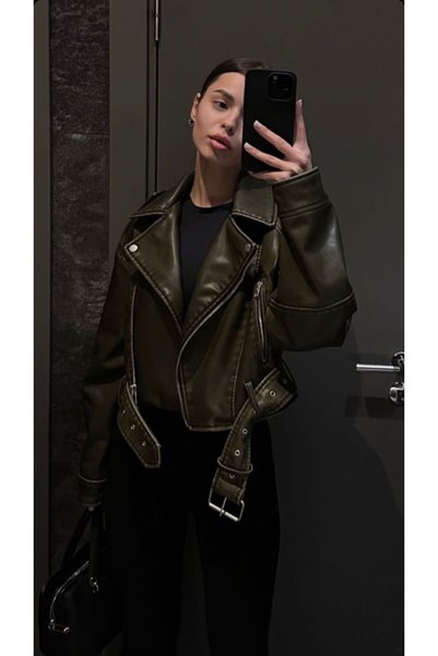 SHZN Women's Oversized Green Biker Leather Jacket
