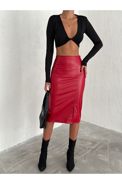 YUSUF CAN KARATAŞ KARATAŞ GİYİM Women's Red Laced Leather Skirt with Slit 62 cm