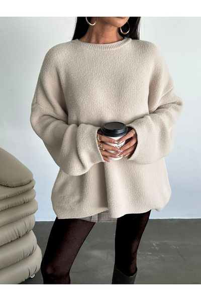 Modamorfo Beige Crew Neck Soft Beard Knitwear Sweater
