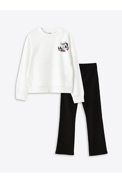 LC Waikiki Lcw Kids Ecru Lilo & Stitch Printed Long Sleeve Girl Sweatshirt and Leggings