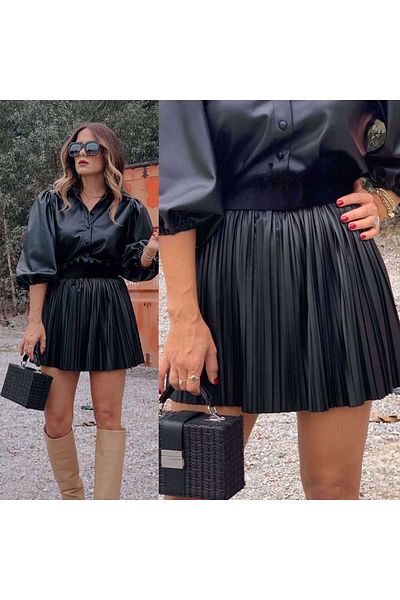 Fua Shop Fusta scurtă din piele cu talie plisată pentru femei