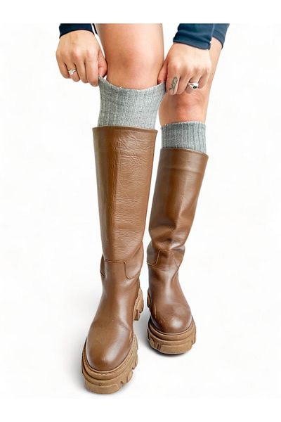 CİHO Ciho Socks 4 - Women's Gray Winter Woolen Boots, Double Long Below the Knee, Soft Touch Sleep Socks