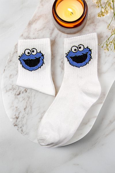 Tozlu Yaka Women's Cookie Monster Patterned College Sports Socks - 1 Pair White
