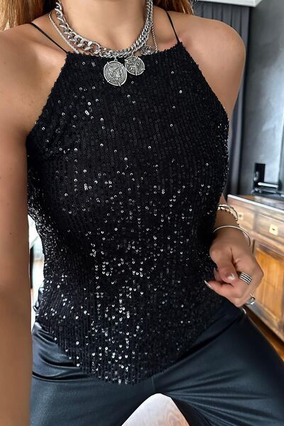 Genel Markalar Payetli Reglan Yaka Bluz Siyah