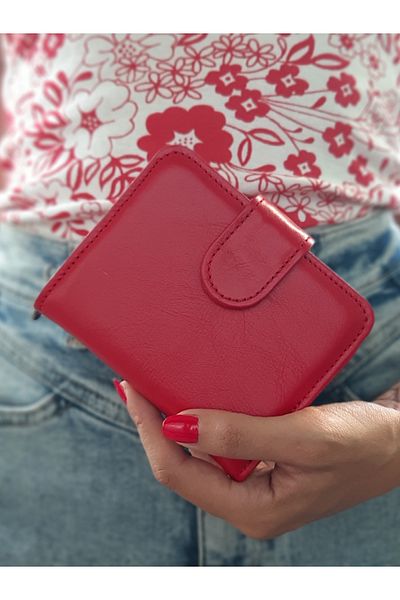 yedideri Red Real Leather Zippered Women's Wallet - Small Size