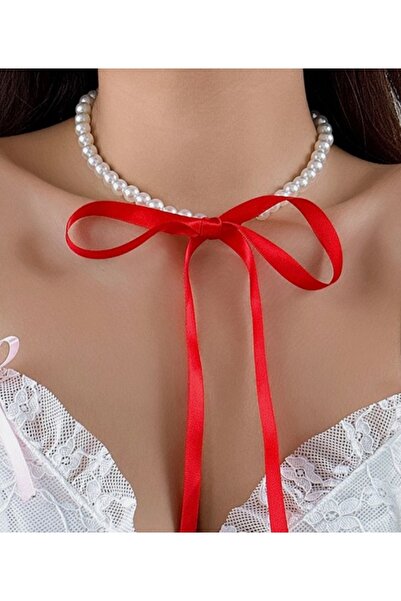 MAKSESUAR Kadın Incili Kırmızı Kurdele Kolye