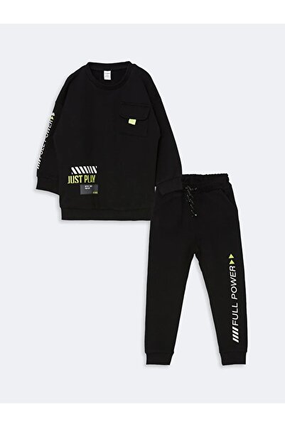 LC Waikiki Lcw Baby Black Crew Neck Printed Boys Sweatshirt and Sweatpants Bottom 2-Piece Set