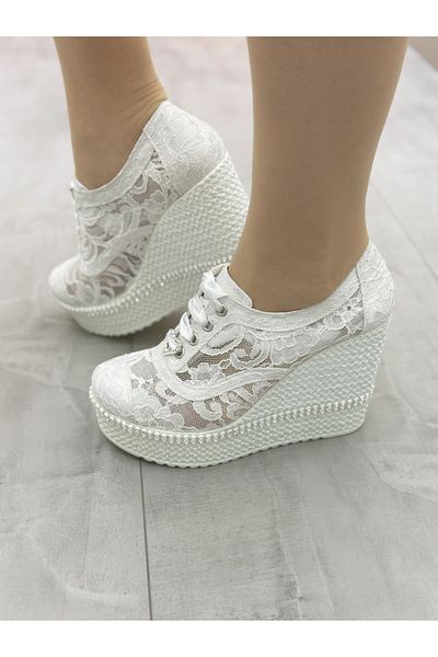 Ayakkabı Tutkusu Stilo ® Pantofi rochie de mireasa Toc cu pană alb 11cm Pantof confortabil cu dantelă