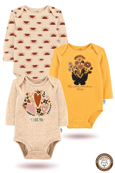 MAHFEL 100% Cotton 3-Piece Organic Printed Snap Fastener Baby Bodysuit