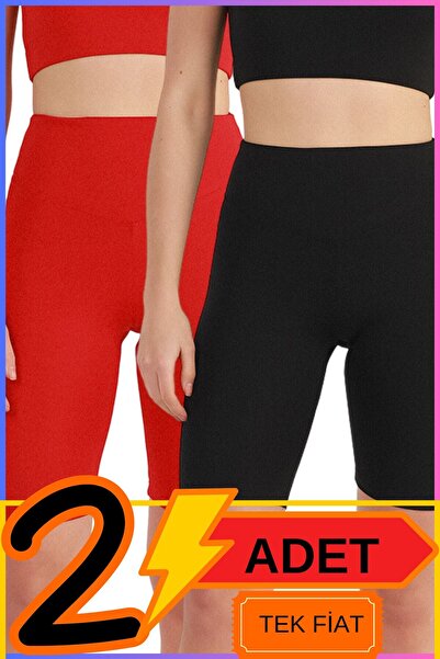missmaral Kadın Yüksek Bel Toparlayıcı Şort Tayt Siyah & Kırmızı 2'li Paket Lycralı Biker Shorts 21070