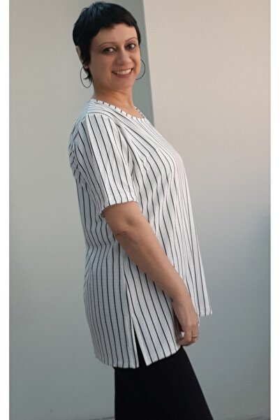 Mertcan Butik White Black Striped Short Sleeve Combed Cotton Viscose T-Shirt