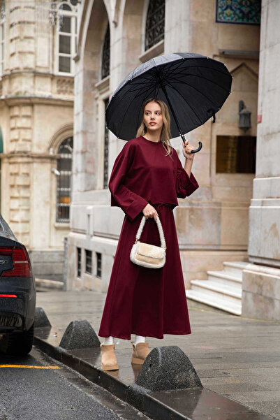 EKRUTEX Burgundy Double Sleeve Skirt Set
