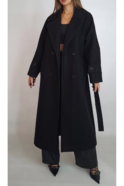 oyagüler KADIN SİYAH KRUVAZE REGLAN KOL ASTARLI UZUN KAŞE KABAN MANTO YY101167