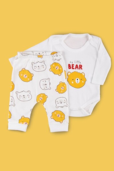 Baby 2'li Body Alt Takım Bebek Çıtçıtlı Bear Desenli Badi 100% Pamuk Sarı Ayı...