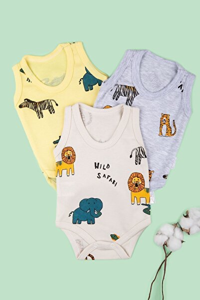 Baby 3lü Bebek Çıtçıtlı Badi Zıbın Safari Hayvan Desenli %100 Pamuklu Body Ye...