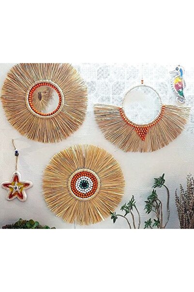 bh bohem handmade 3 Lü Dekoratif Boncuklu Rafya Ayna Yelpaze Rafya Ayna Ve Boncuklu Duvar Süsü