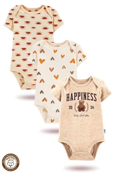 MAHFEL 100% Cotton 3-Piece Organic Printed Snap Fastener Baby Bodysuit
