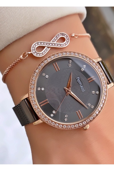 Ferrucci Ferruci Brand Rose Black Color Steel Band Women's Wrist Watch - Brac...