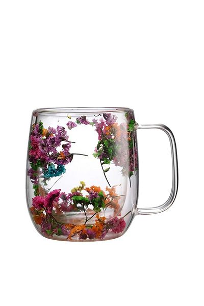 MİMOZA PARK 300 ml Heat Resistant Double Stones Borosilicate Cup - Flower Patterned Coffee Presentation Cup
