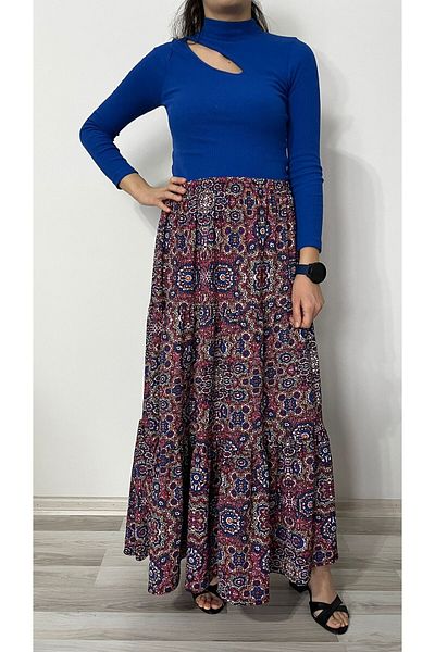 520CK Women's Floral Print Ruffled Long Skirt
