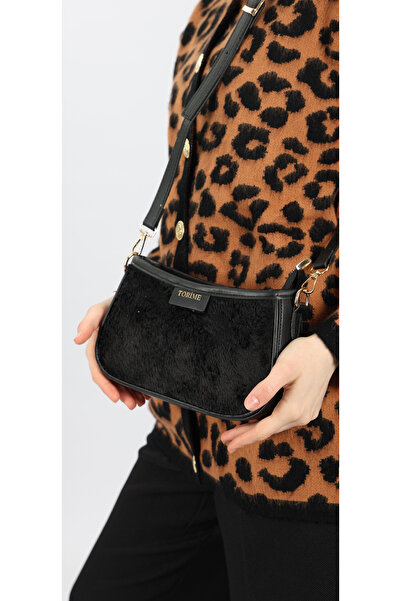 torime Peluş Baget Kadın Siyah Çanta - Çapraz Kullanım, Fermuarlı ve Astarlı