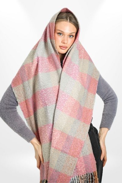 hijabchi Soft Textured Tasseled Striped Plaid Pattern Thick Shoulder Shawl Scarf - Powder - Gray