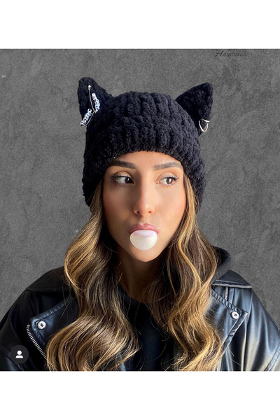 AidaAstrid Kedi Kulaklı Puffy Bere Gri El Örgüsü Kışlık Bere Şapka Hello Kitty