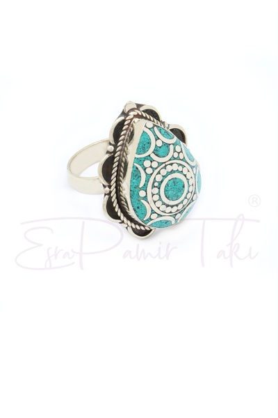 Silver Color Handmade Authentic Nepal Ring with Turquoise Gemstone